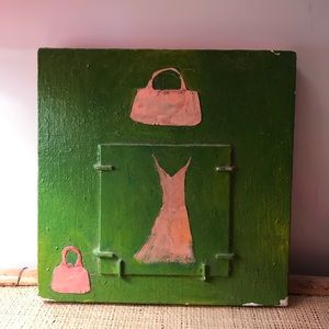 pink and green art- purse and a dress
